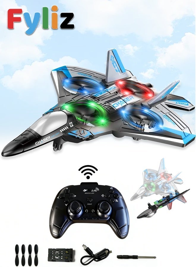 Fyliz RC Plane for Kids, Foam Drone Airplane with Remote Control and LED Lights (Blue) - Image 1